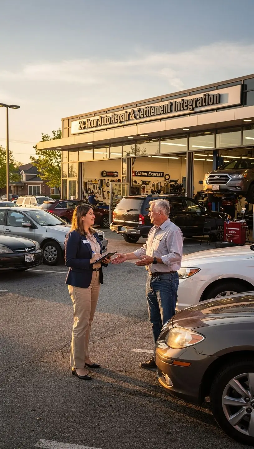 Изображение центра быстрого урегулирования страховых случаев с круглосуточным ремонтом автомобилей.